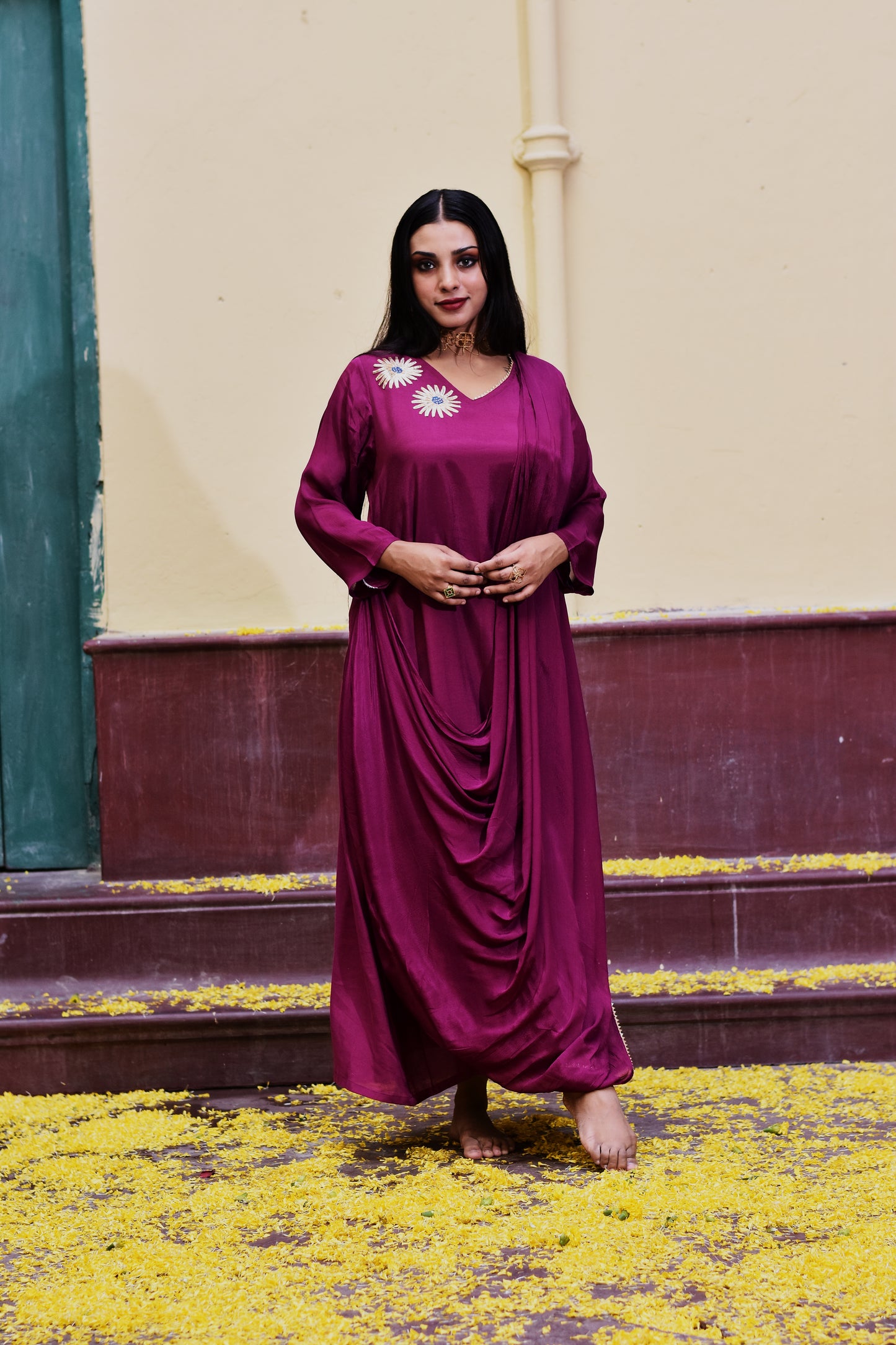 Glamour in Magenta: Embracing Curves with Silk Drapes"