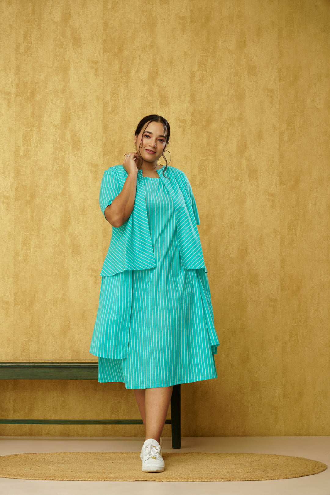 Sky blue cotton dress with shrug- plus size fashion for all