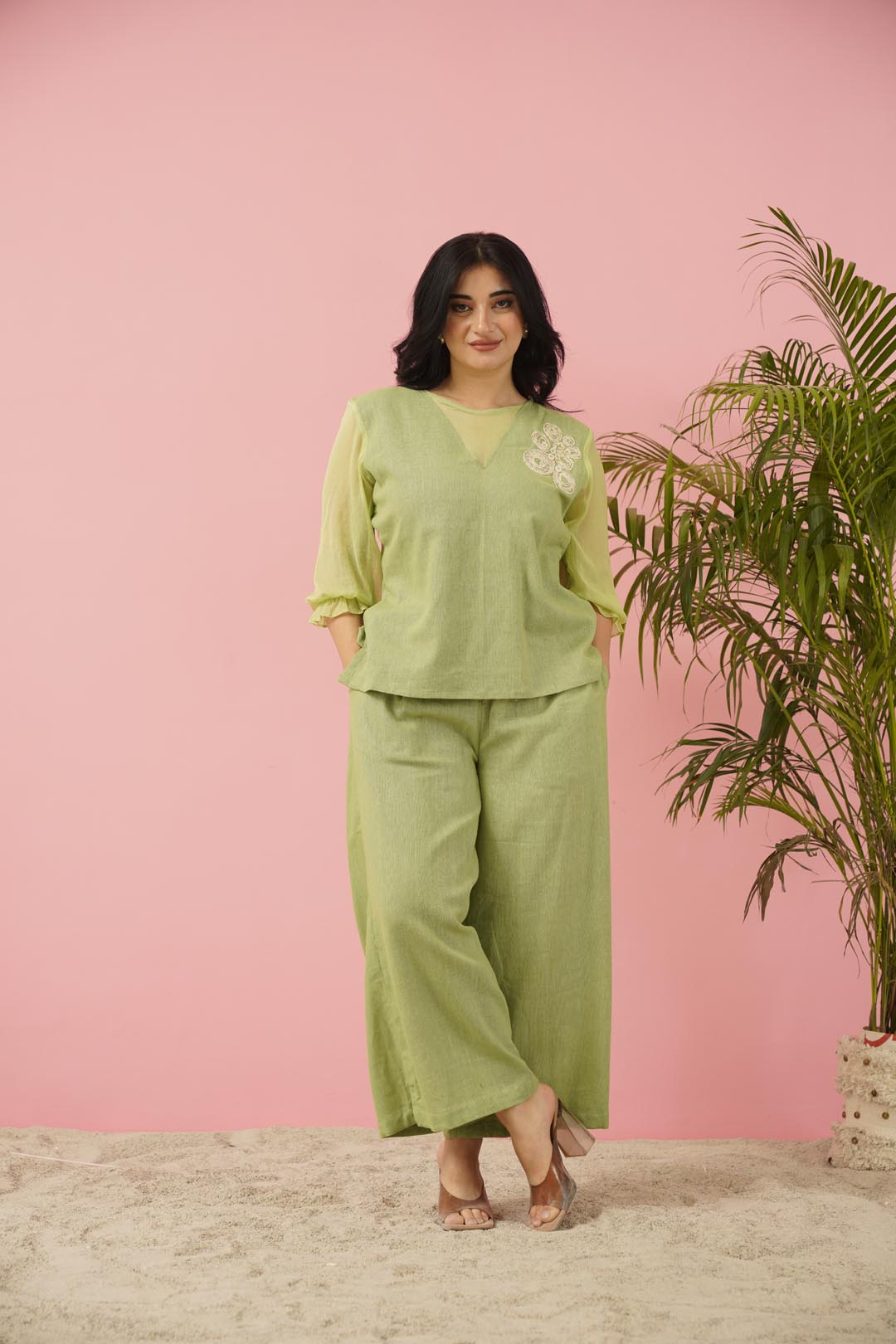 Ethereal Serenity: Pastel Green Co-ord Set with Chiffon Sleeves