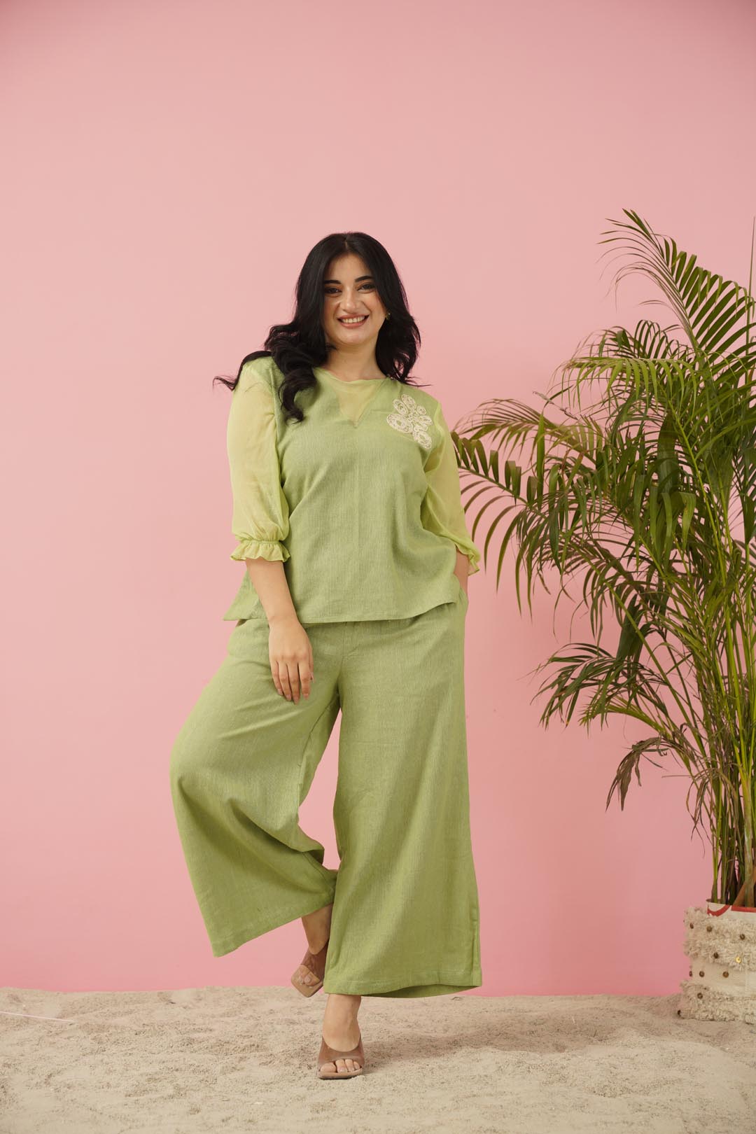 Ethereal Serenity: Pastel Green Co-ord Set with Chiffon Sleeves