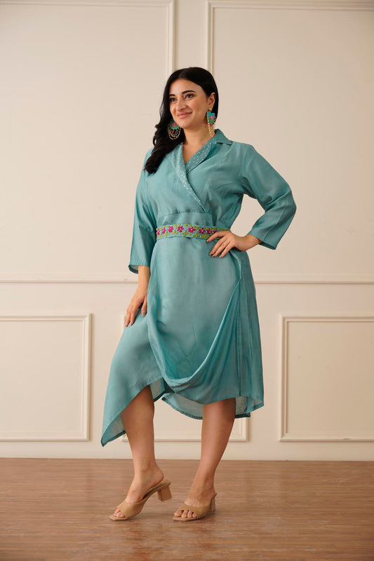 Aqua Blue Silk Indo-western Dress