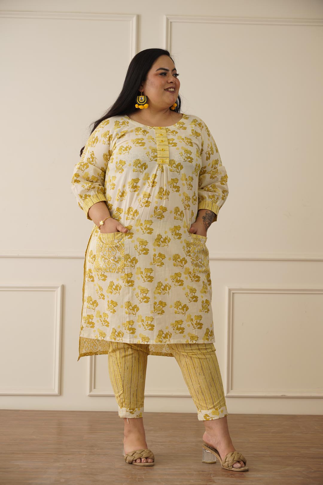 Aesthetic Indian yellow kurti pant set