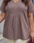 Women’s Plus Size Pleated Tunic Top - Mauve V-Neck Short Sleeve Top- Lightweight Linen Look Summer Top