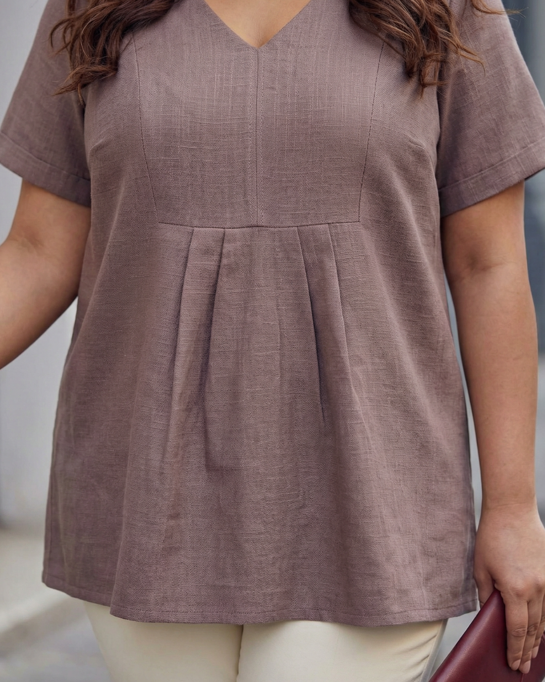 Women’s Plus Size Pleated Tunic Top - Mauve V-Neck Short Sleeve Top- Lightweight Linen Look Summer Top