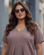 Women’s Plus Size Pleated Tunic Top - Mauve V-Neck Short Sleeve Top- Lightweight Linen Look Summer Top