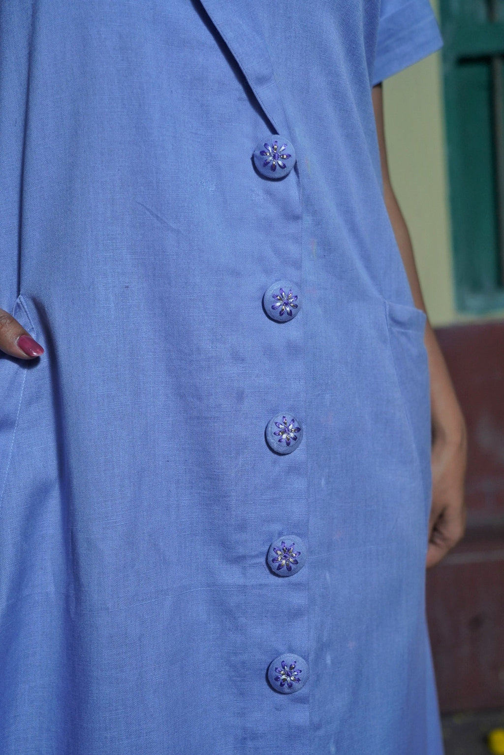 Lavender Notch Collar Button-Down Dress with Embroidered Buttons