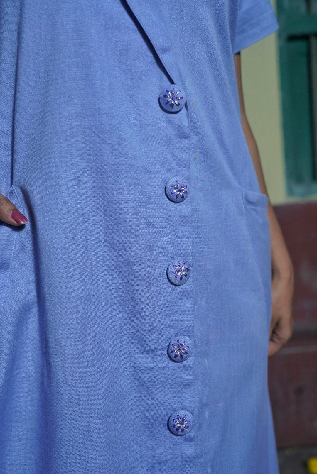 Lavender Notch Collar Button-Down Dress with Embroidered Buttons