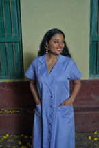 Lavender Notch Collar Button-Down Dress with Embroidered Buttons