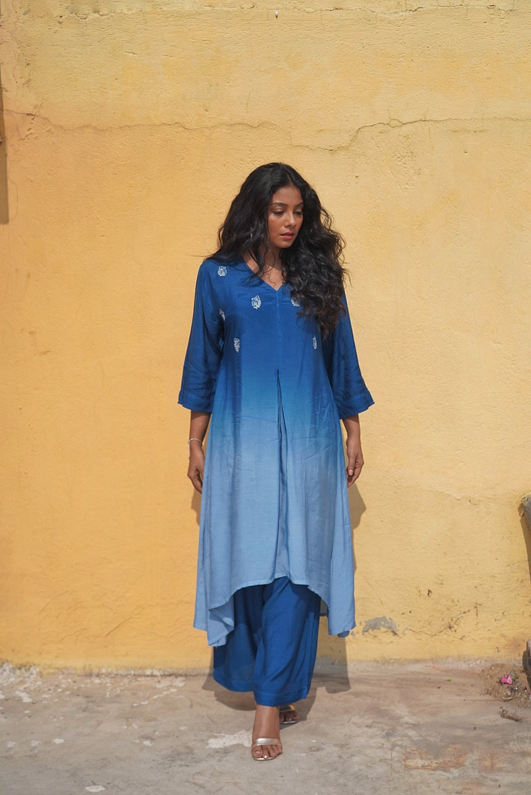Blue Ombre Maslin Silk Kurta & Straight Pant Set