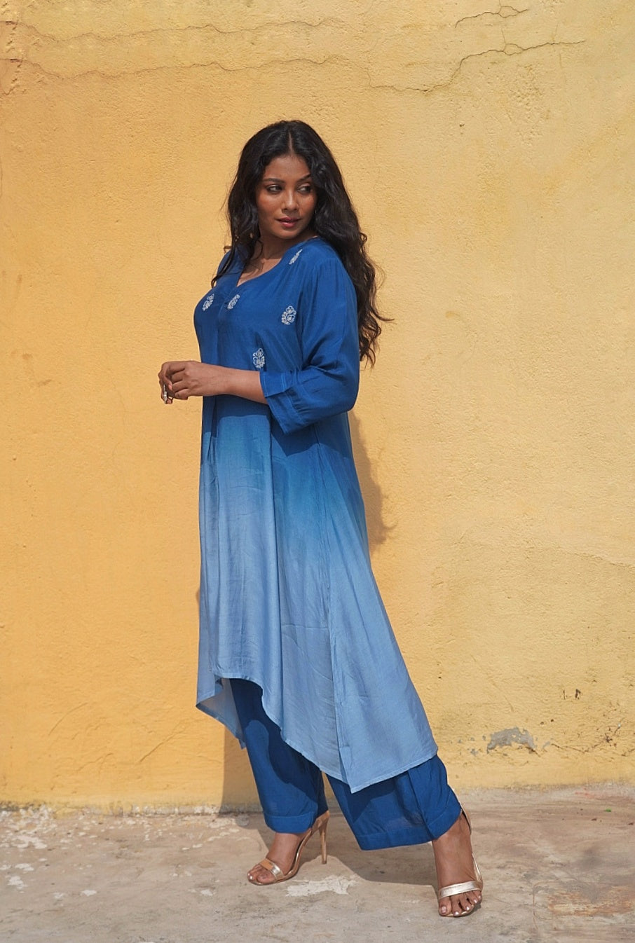 Blue Ombre Maslin Silk Kurta & Straight Pant Set