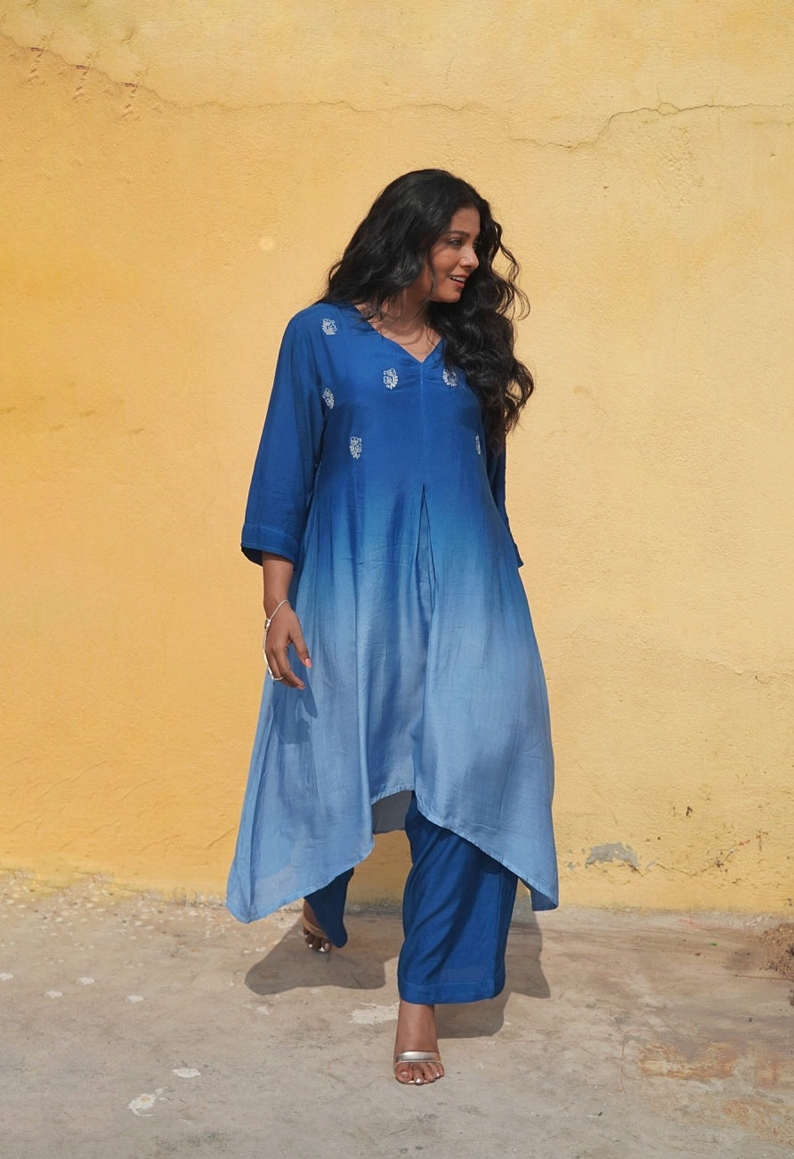 Blue Ombre Maslin Silk Kurta & Straight Pant Set