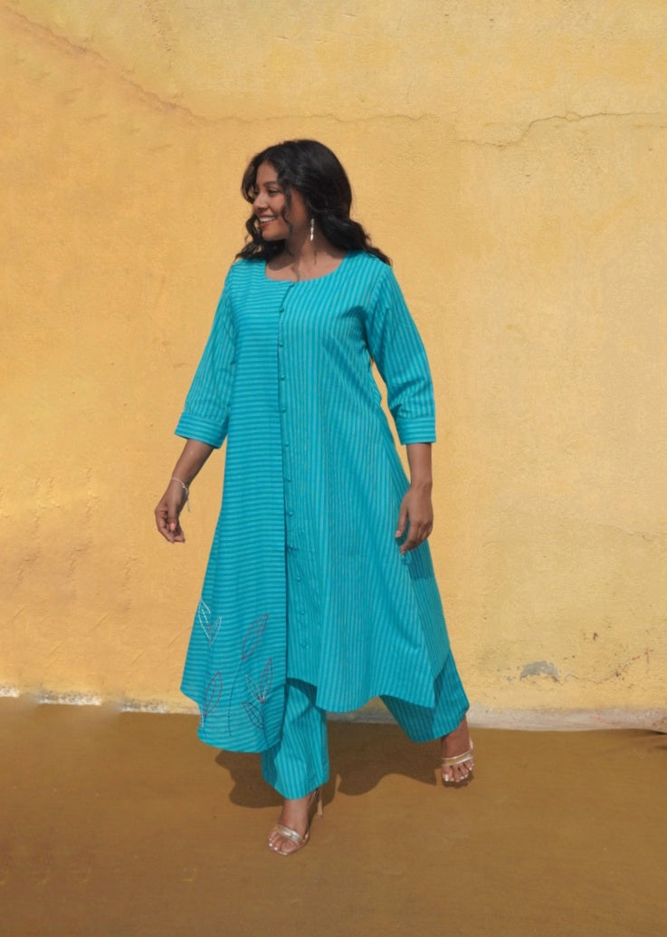 Hand-Embroidered Teal Striped Asymmetrical Kurta & Pant Set