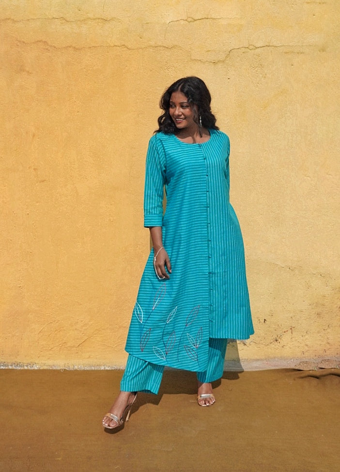 Hand-Embroidered Teal Striped Asymmetrical Kurta & Pant Set