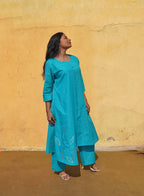 Hand-Embroidered Teal Striped Asymmetrical Kurta & Pant Set