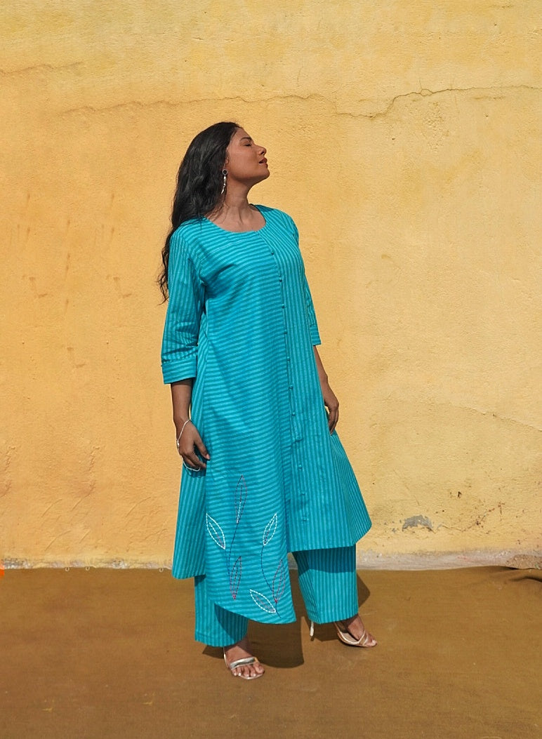 Hand-Embroidered Teal Striped Asymmetrical Kurta & Pant Set