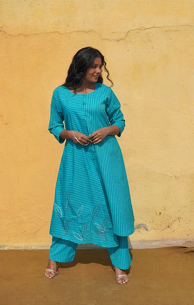 Hand-Embroidered Teal Striped Asymmetrical Kurta & Pant Set