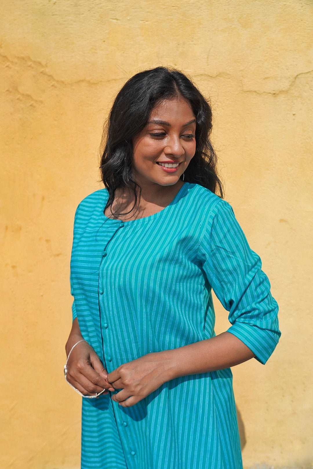 Hand-Embroidered Teal Striped Asymmetrical Kurta & Pant Set