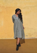 Slate Gray Hand-Embroidered Tiered Midi Dress