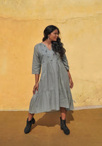 Slate Gray Hand-Embroidered Tiered Midi Dress