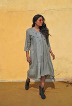 Slate Gray Hand-Embroidered Tiered Midi Dress