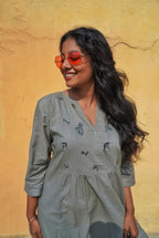 Slate Gray Hand-Embroidered Tiered Midi Dress