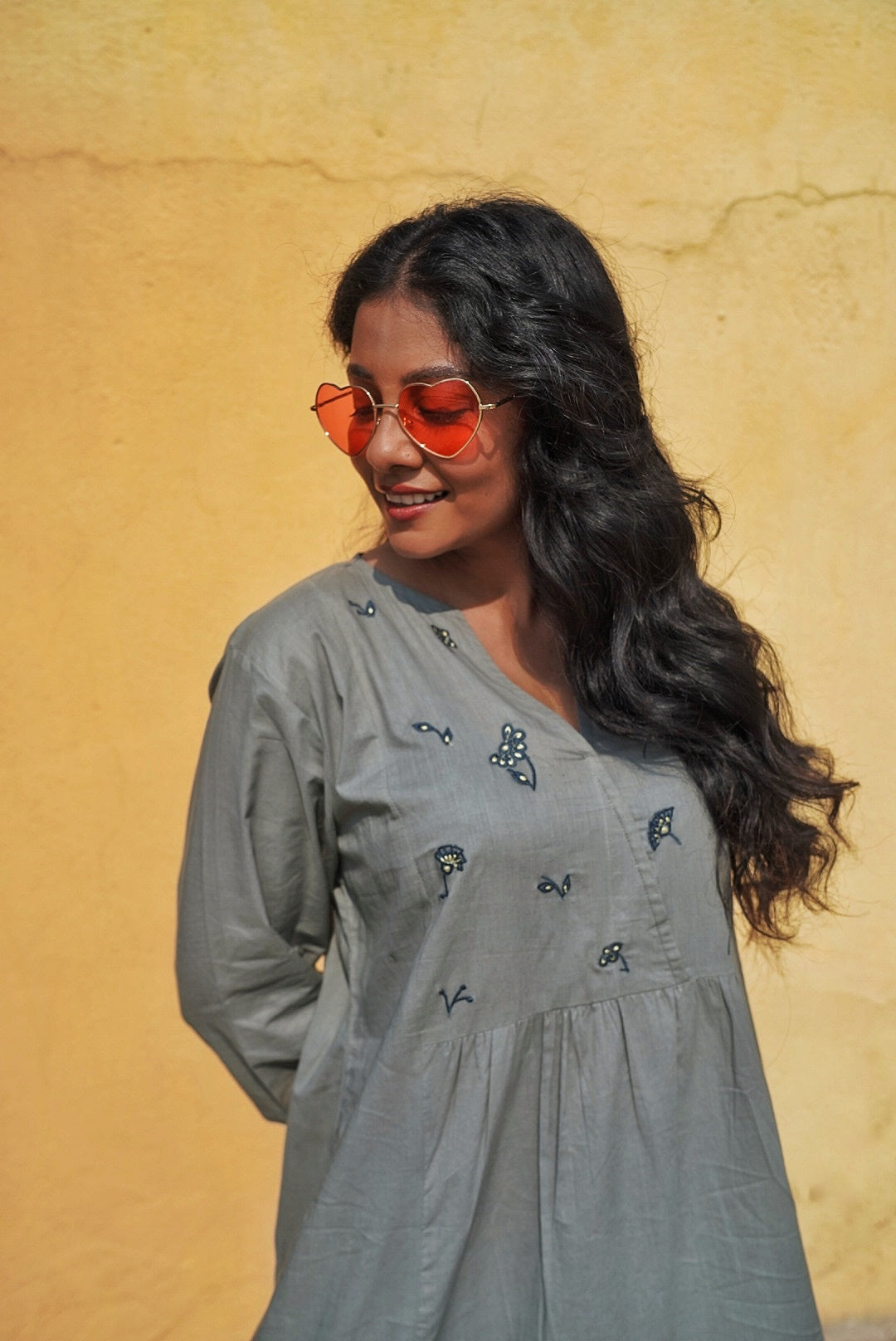 Slate Gray Hand-Embroidered Tiered Midi Dress