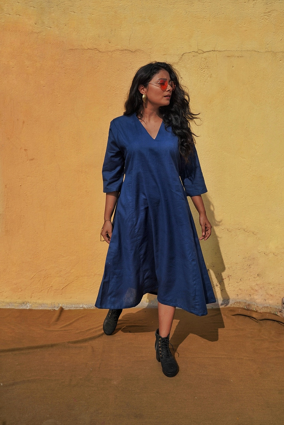 Royal Blue V-Neck Soft Cotton Dress with Pocket (Sizes M to 10XL)