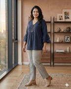 Women’s Navy Blue Premium Cotton Tunic Top - V-Neck Bell Sleeve Blouse with Ruffle Detail
