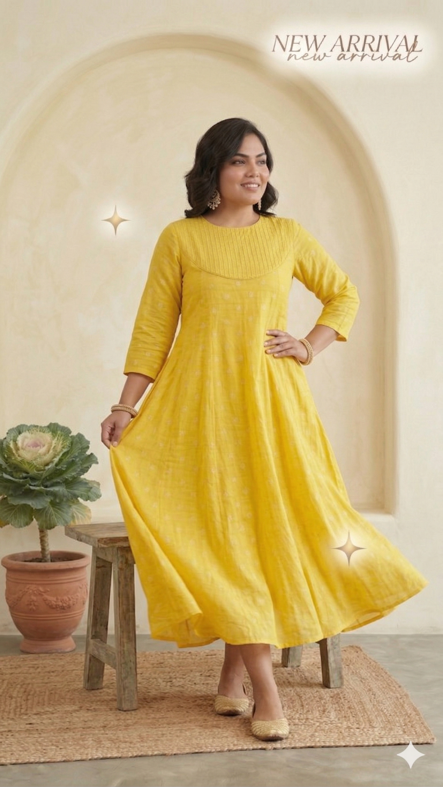 Premium Yellow Cotton Lurex A-Line Dress | Plus Size (XL to 10XL) | Seams & Beyond
