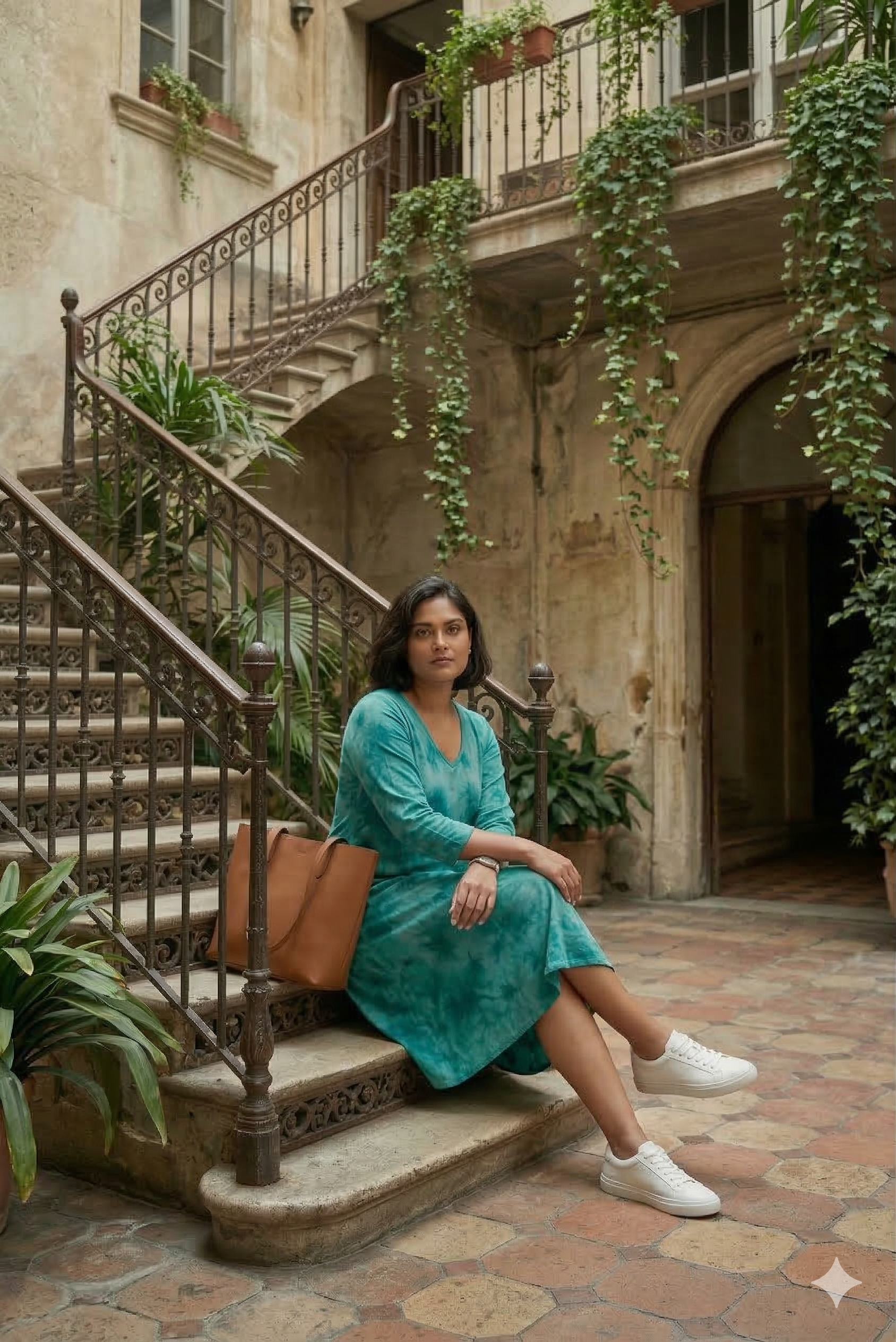 Azure Tie-Dye V-Neck A-Line Midi Dress