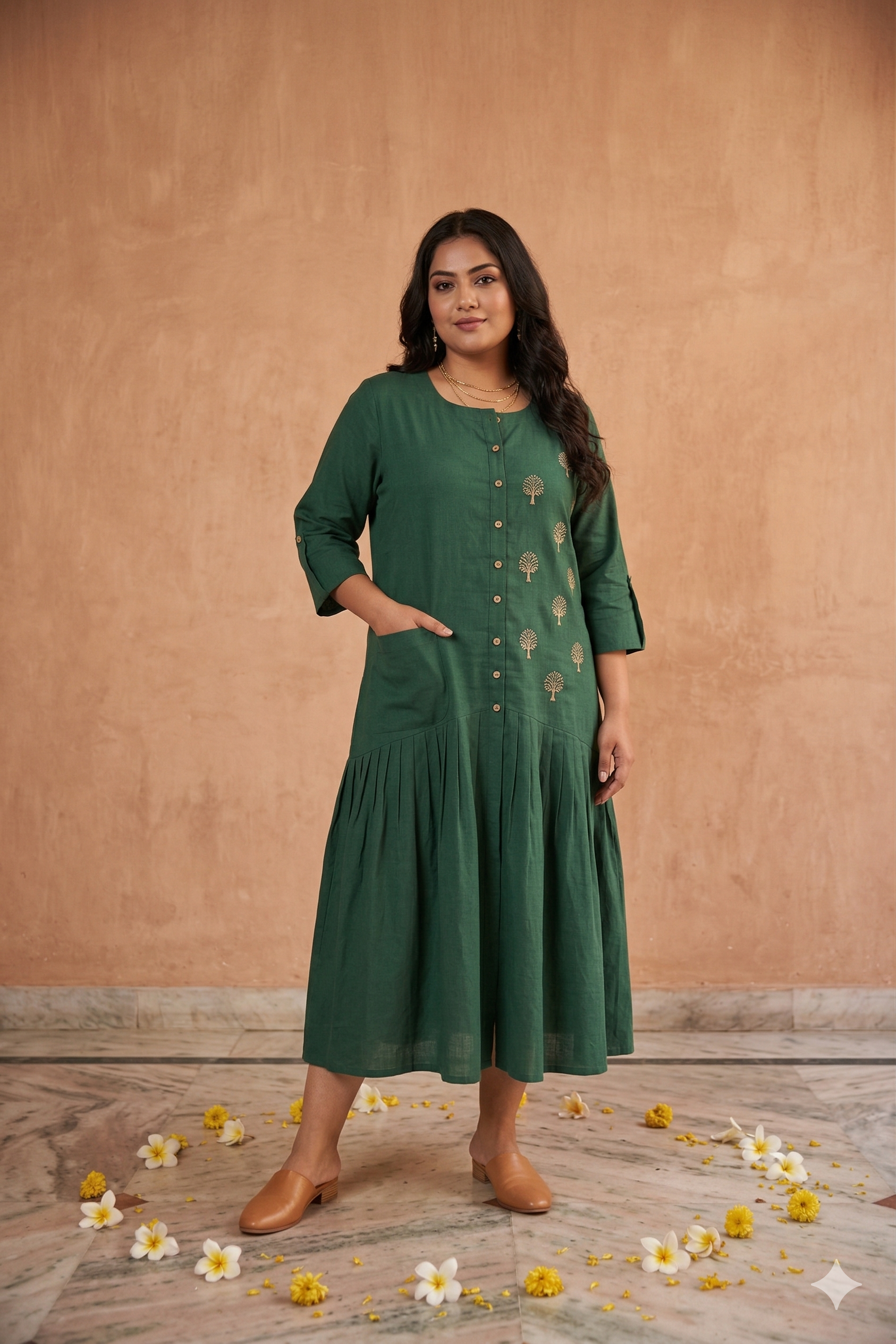 Emerald Tree-Embroidered Cotton Midi Dress