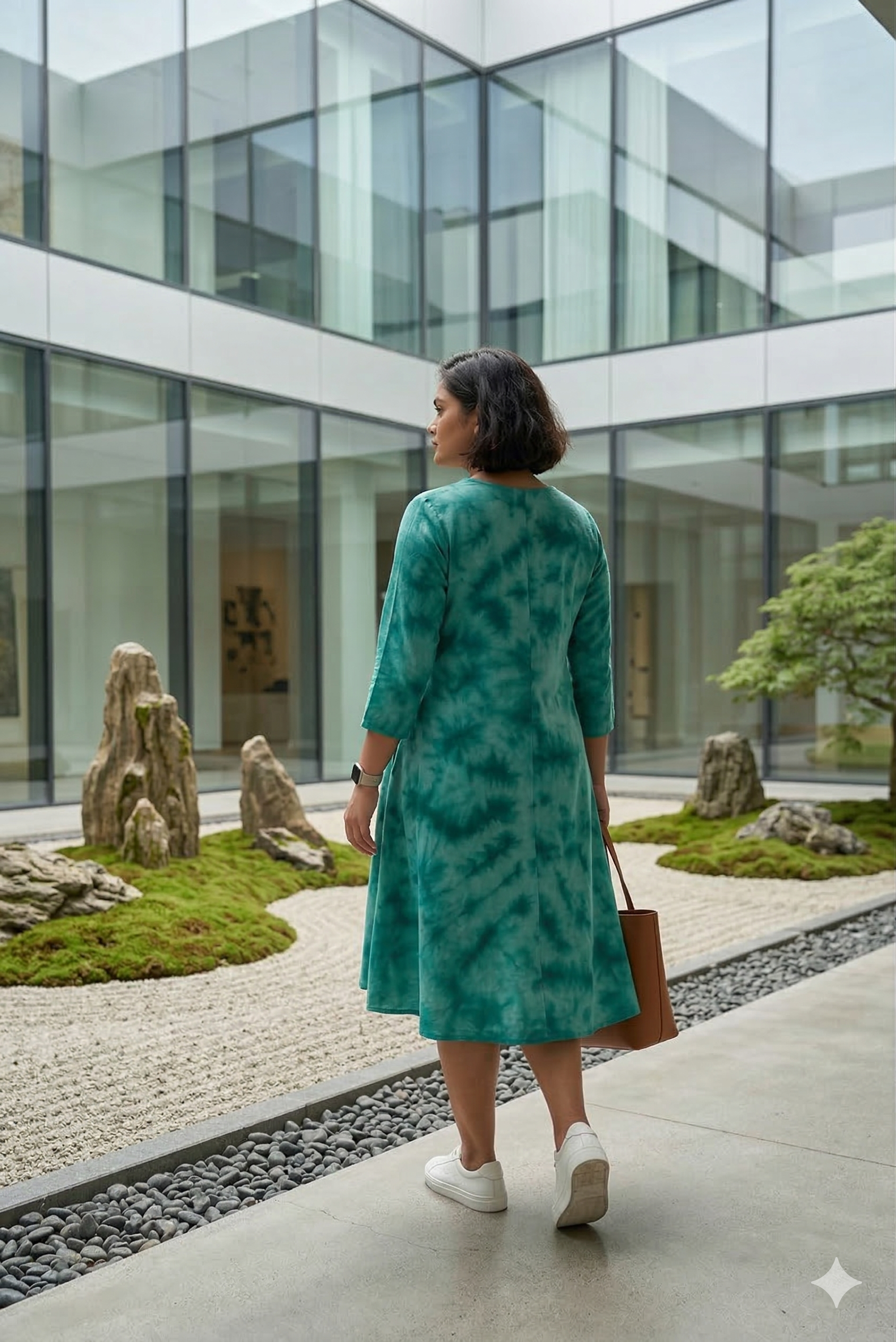 Azure Tie-Dye V-Neck A-Line Midi Dress