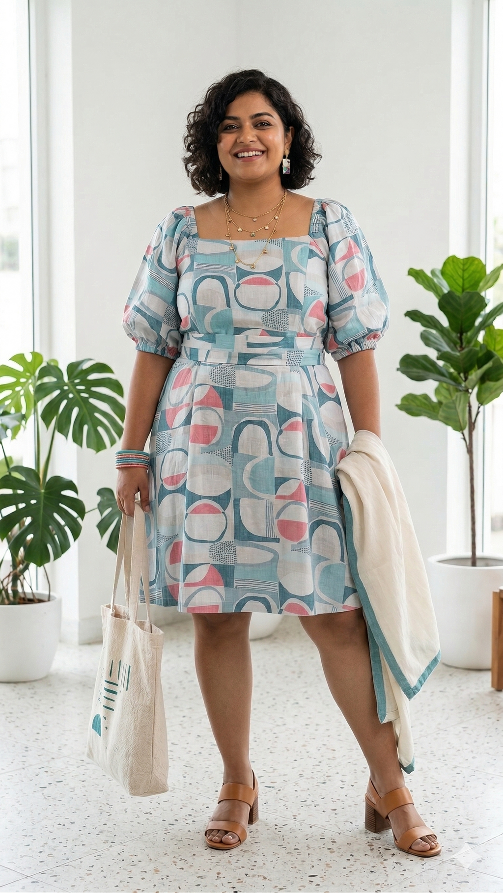 Blue Printed Puff Sleeve Empire Waist Dress - Geometric Chic