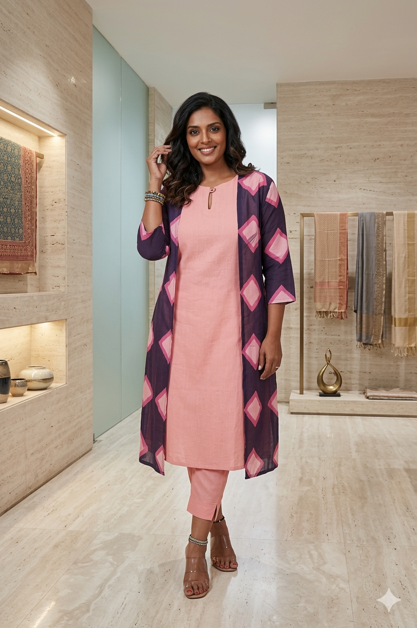 Geometric Printed sheer Shrug with Solid colour Inner Set