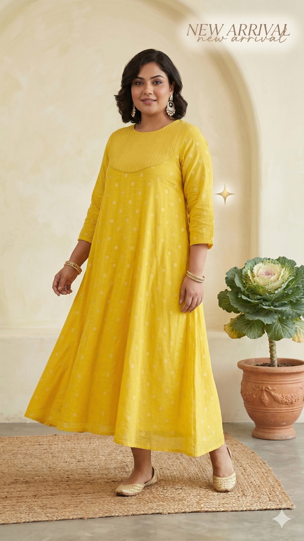 Premium Yellow Cotton Lurex A-Line Dress | Plus Size (XL to 10XL) | Seams & Beyond