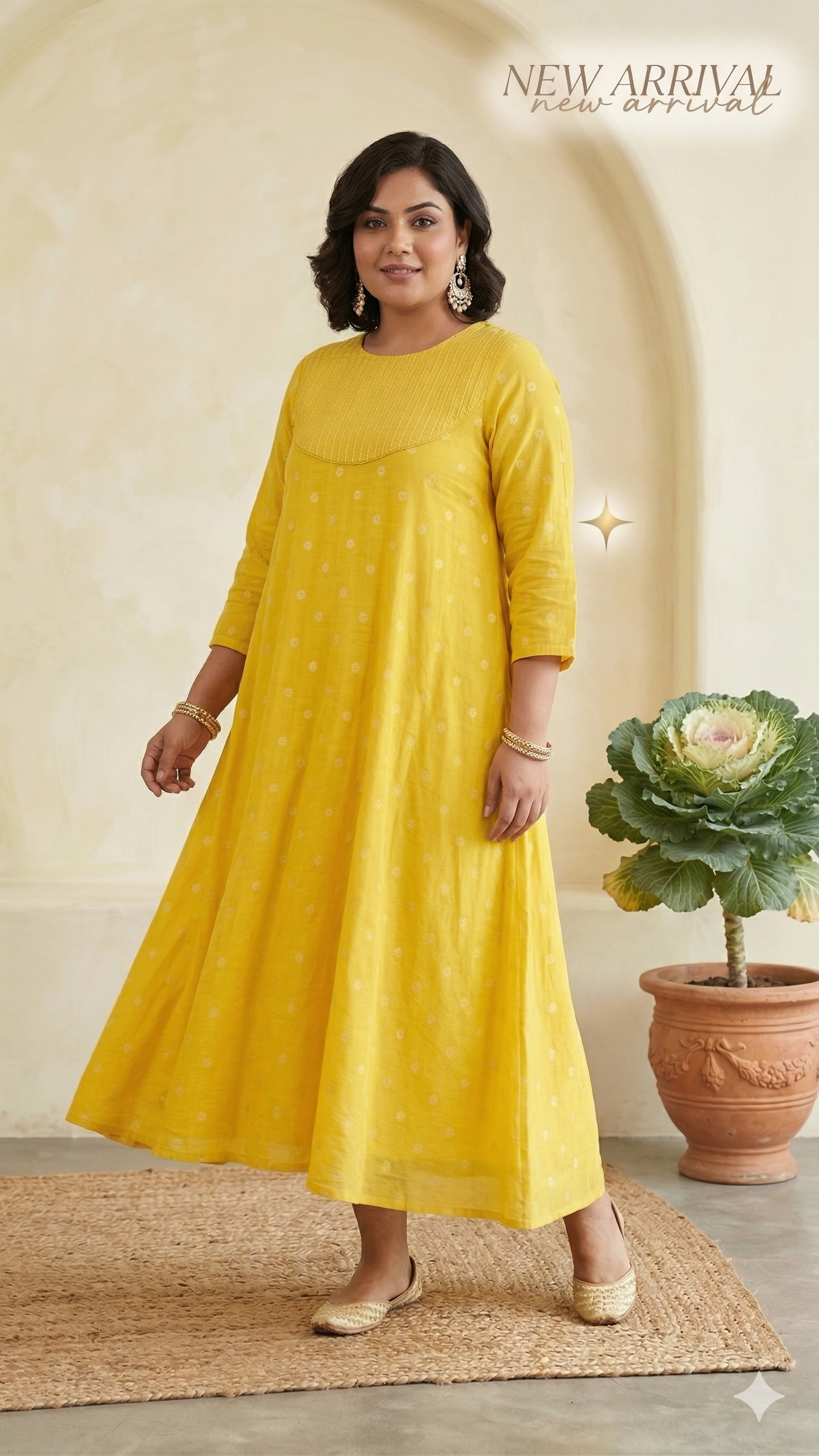 Premium Yellow Cotton Lurex A-Line Dress | Plus Size (XL to 10XL) | Seams & Beyond