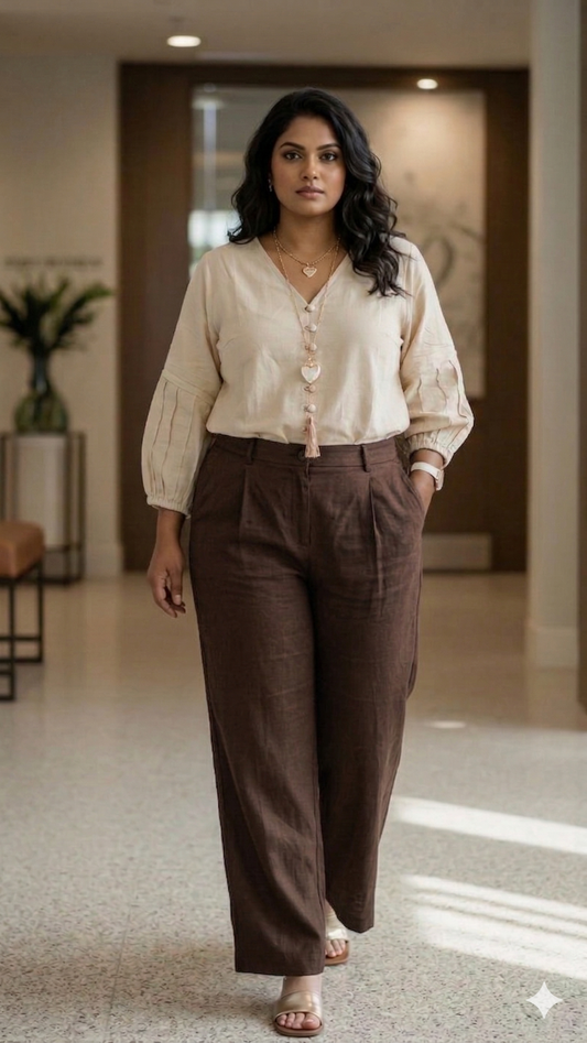 Cream Cotton- V-Neck Top - Oversized Lantern Sleeve Plus Size Top