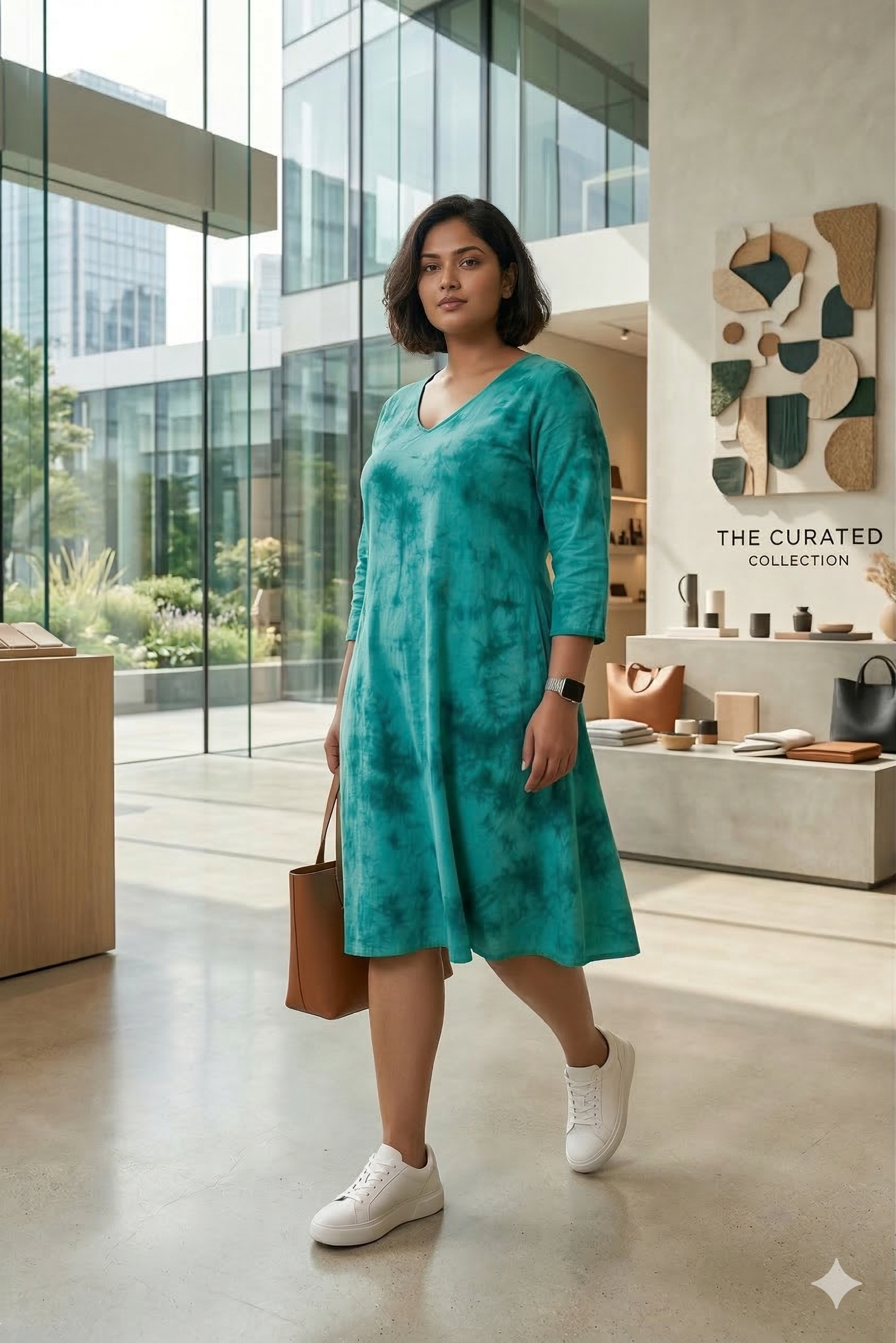 Azure Tie-Dye V-Neck A-Line Midi Dress