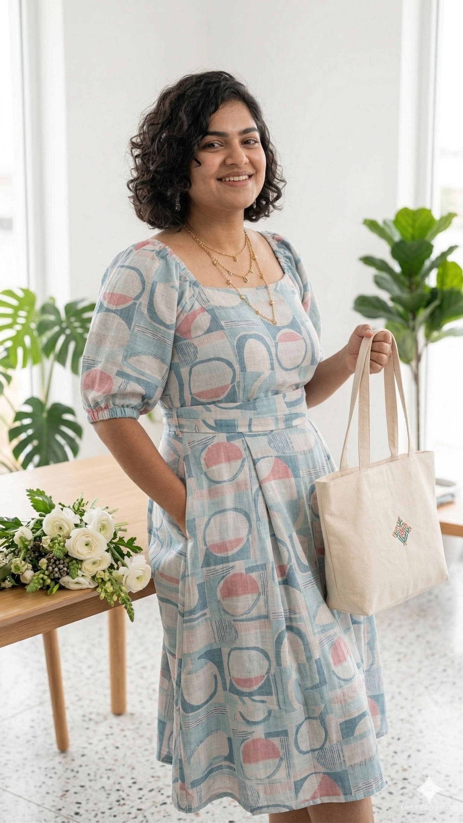 Blue Printed Puff Sleeve Empire Waist Dress - Geometric Chic