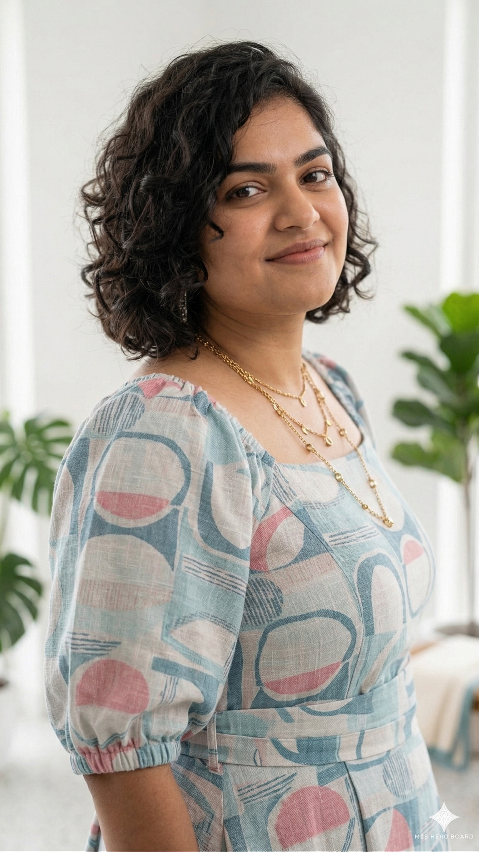 Blue Printed Puff Sleeve Empire Waist Dress - Geometric Chic