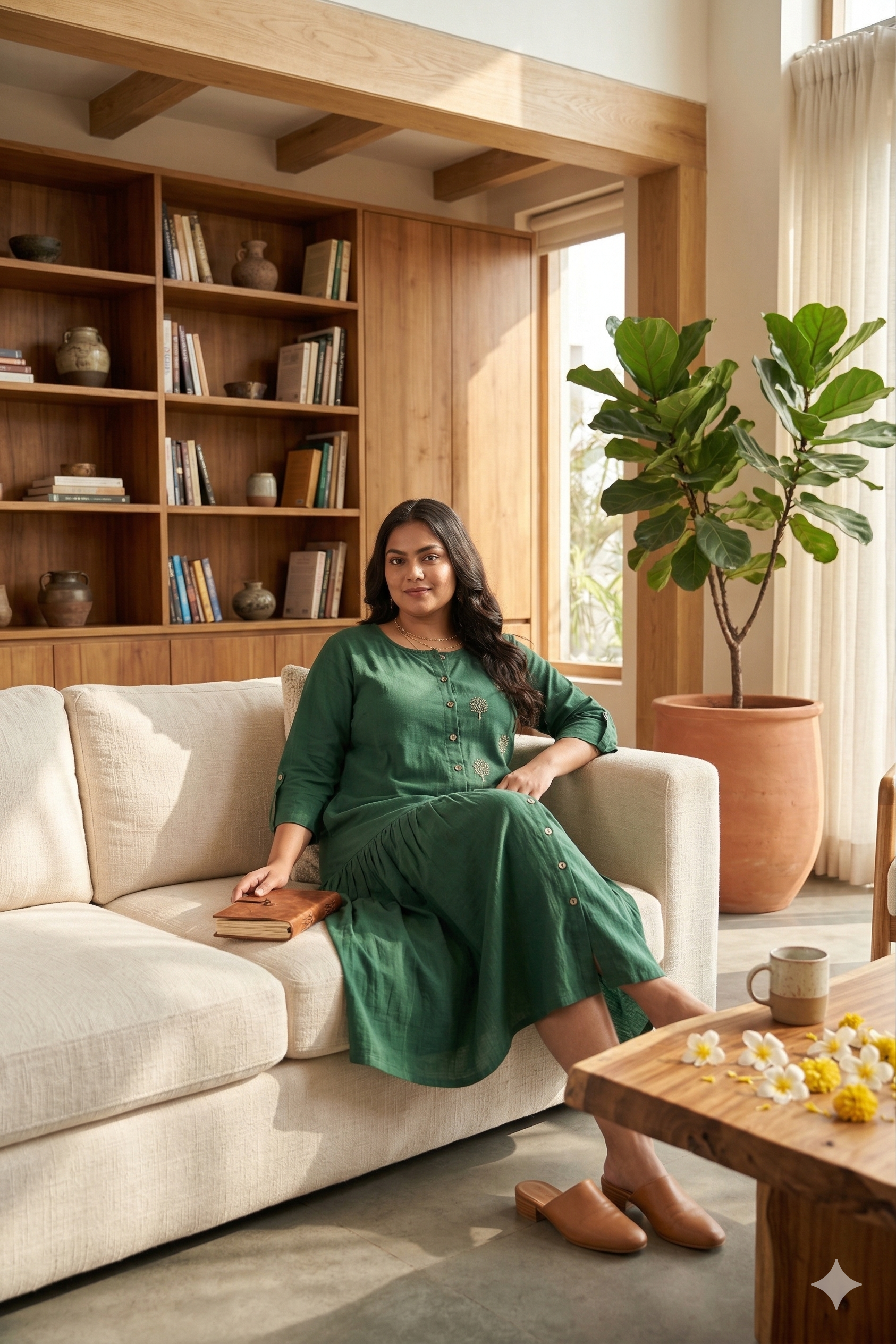 Emerald Tree-Embroidered Cotton Midi Dress