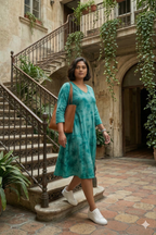 Azure Tie-Dye V-Neck A-Line Midi Dress