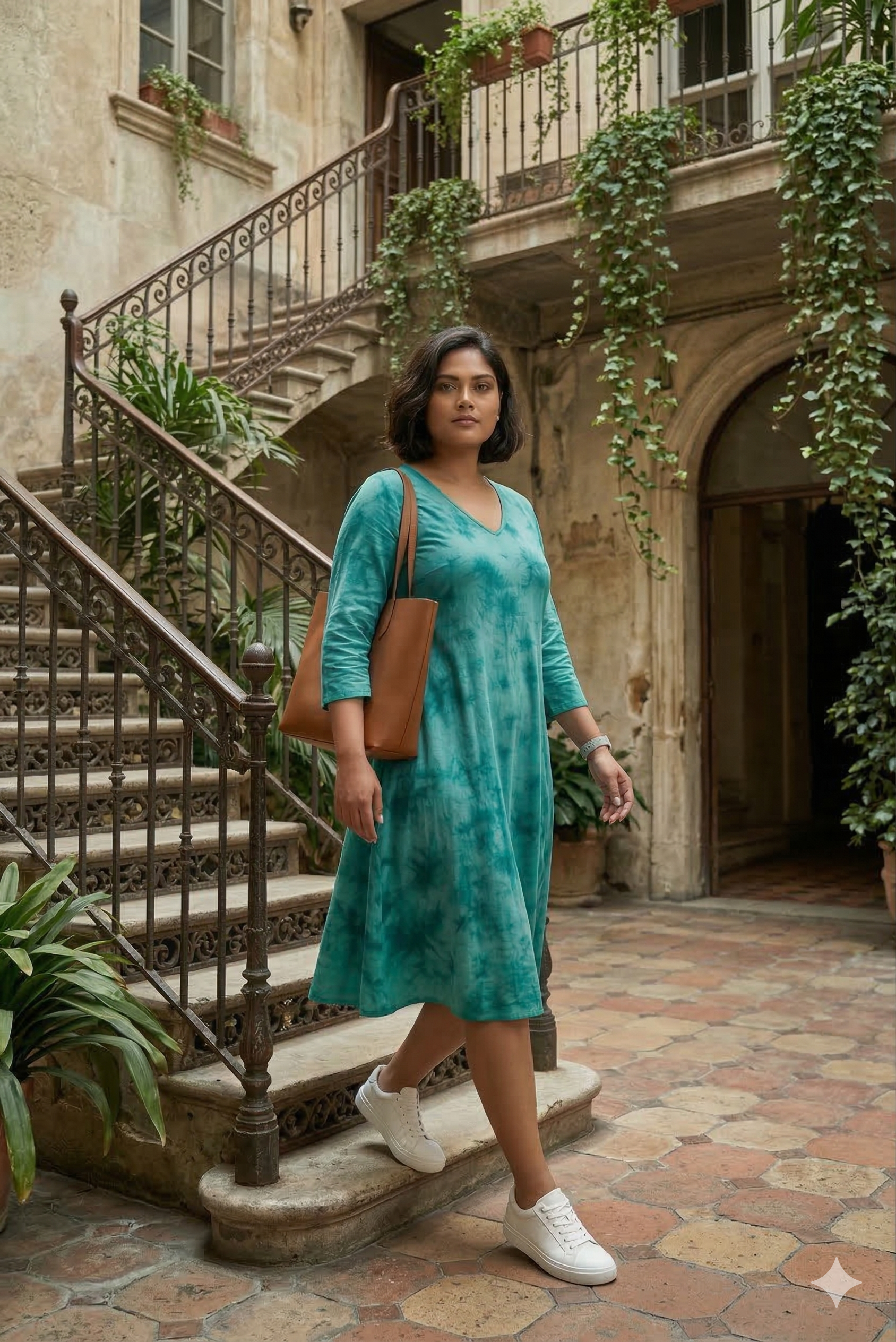 Azure Tie-Dye V-Neck A-Line Midi Dress