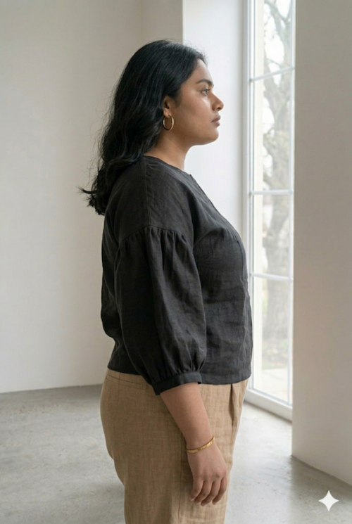 "Plus Size Black Premiu Cotton Tunic Top with Balloon Sleeves & V-Notch Neck"