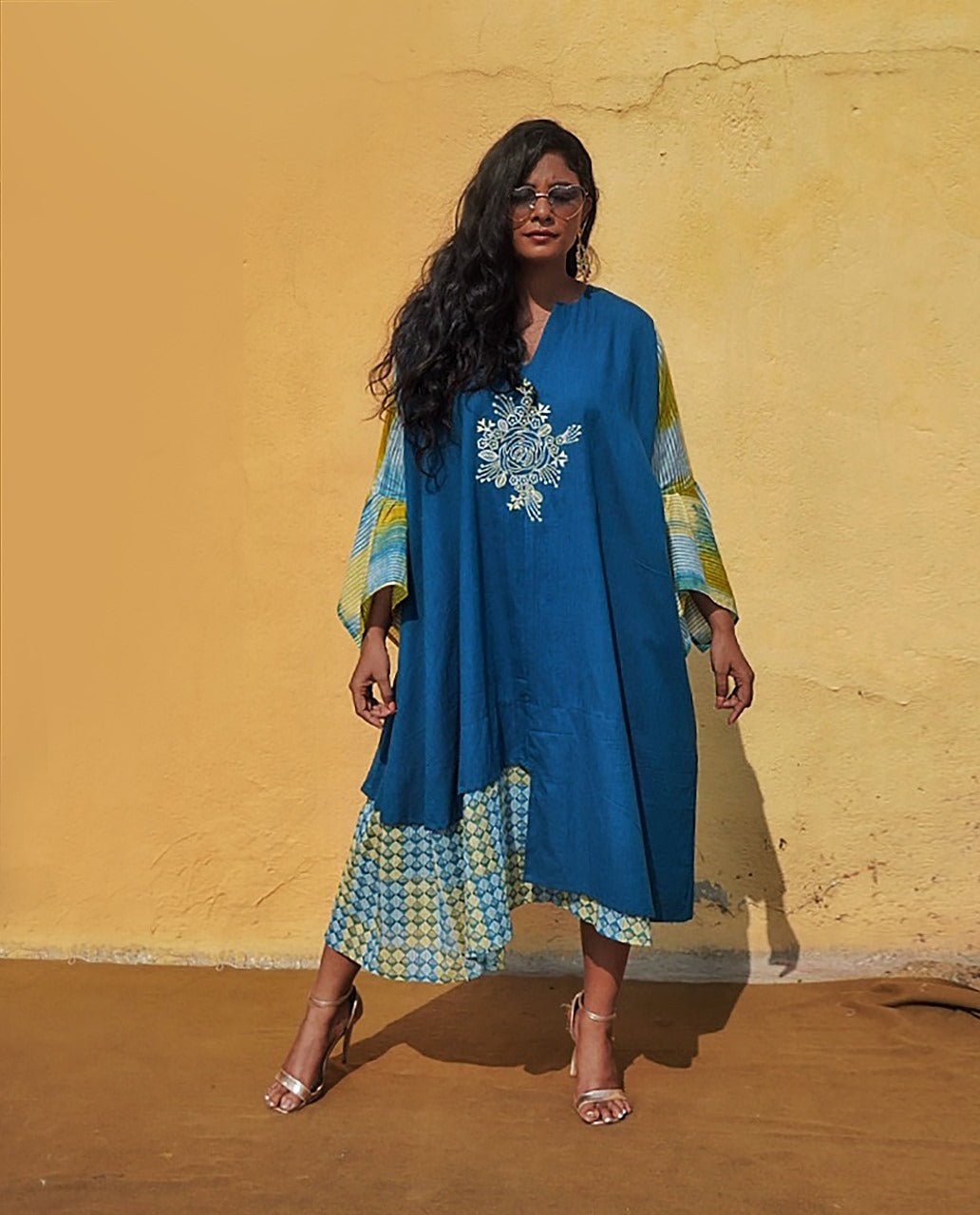 Teal Blue Embroidered Asymmetric High-Low Tunic with Contrast Printed Sleeves