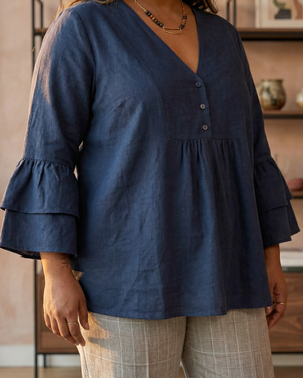 Women’s Navy Blue Premium Cotton Tunic Top - V-Neck Bell Sleeve Blouse with Ruffle Detail