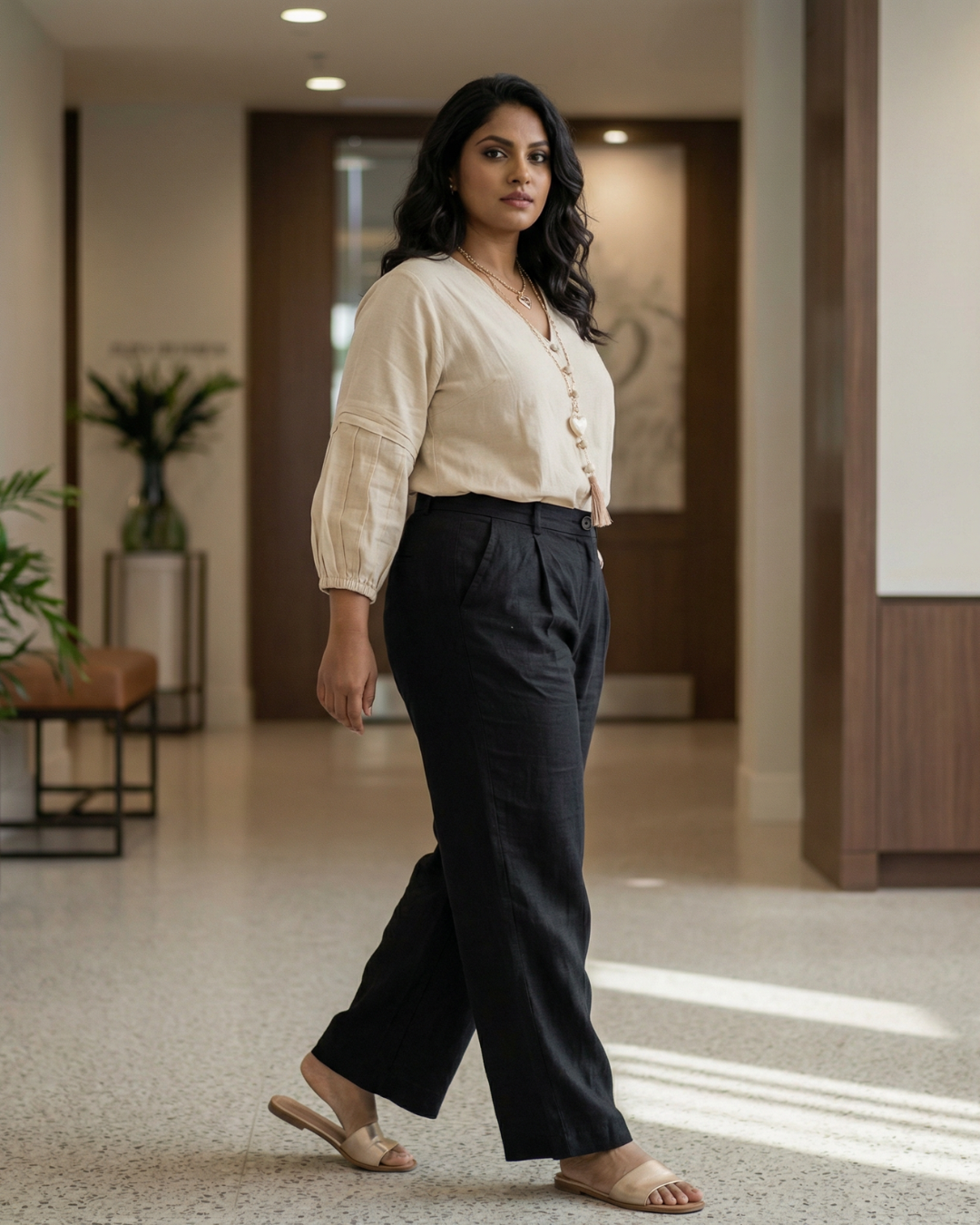 Cream Cotton- V-Neck Top - Oversized Lantern Sleeve Plus Size Top