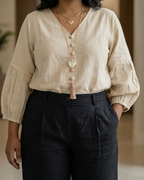Cream Cotton- V-Neck Top - Oversized Lantern Sleeve Plus Size Top