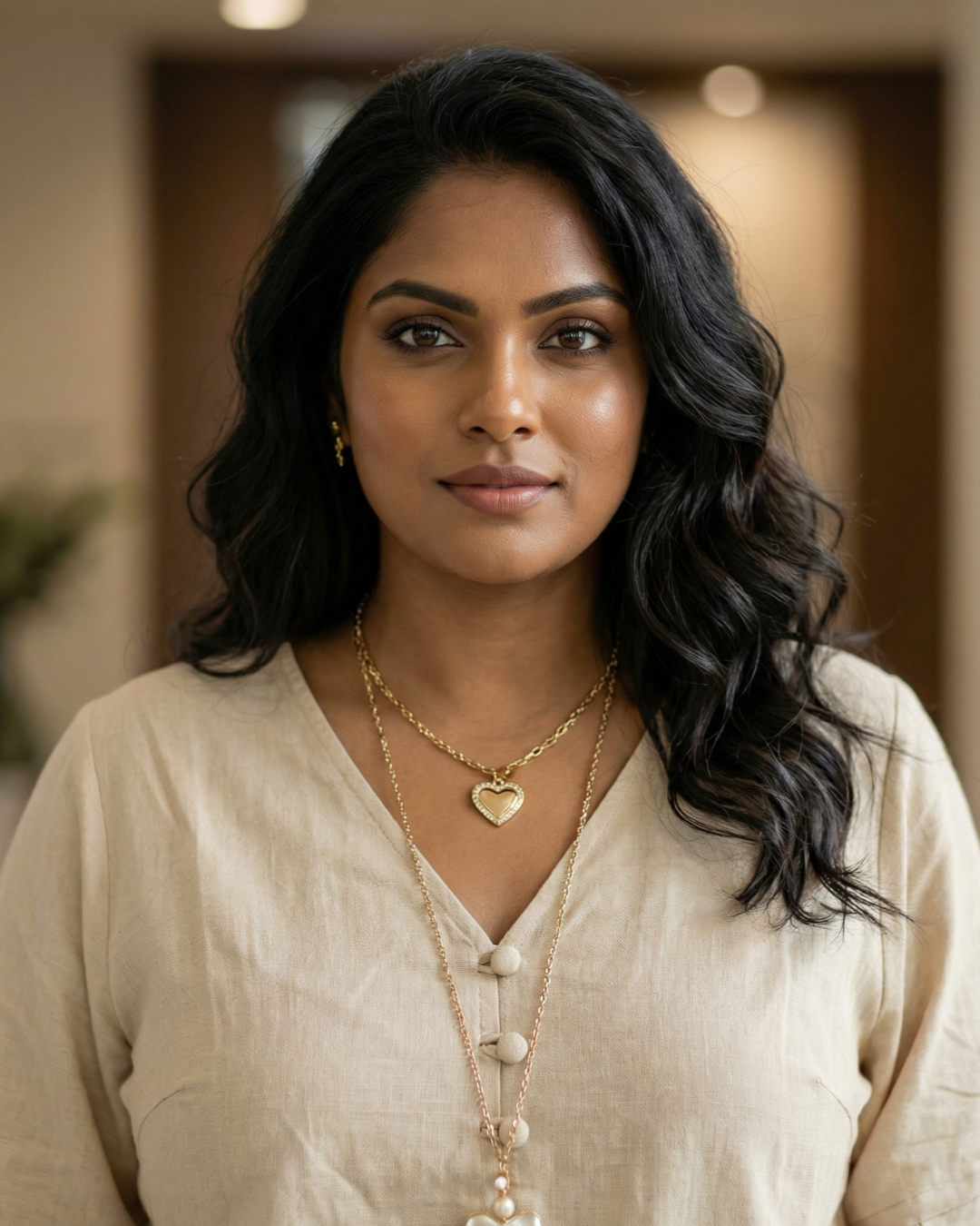 Cream Cotton- V-Neck Top - Oversized Lantern Sleeve Plus Size Top