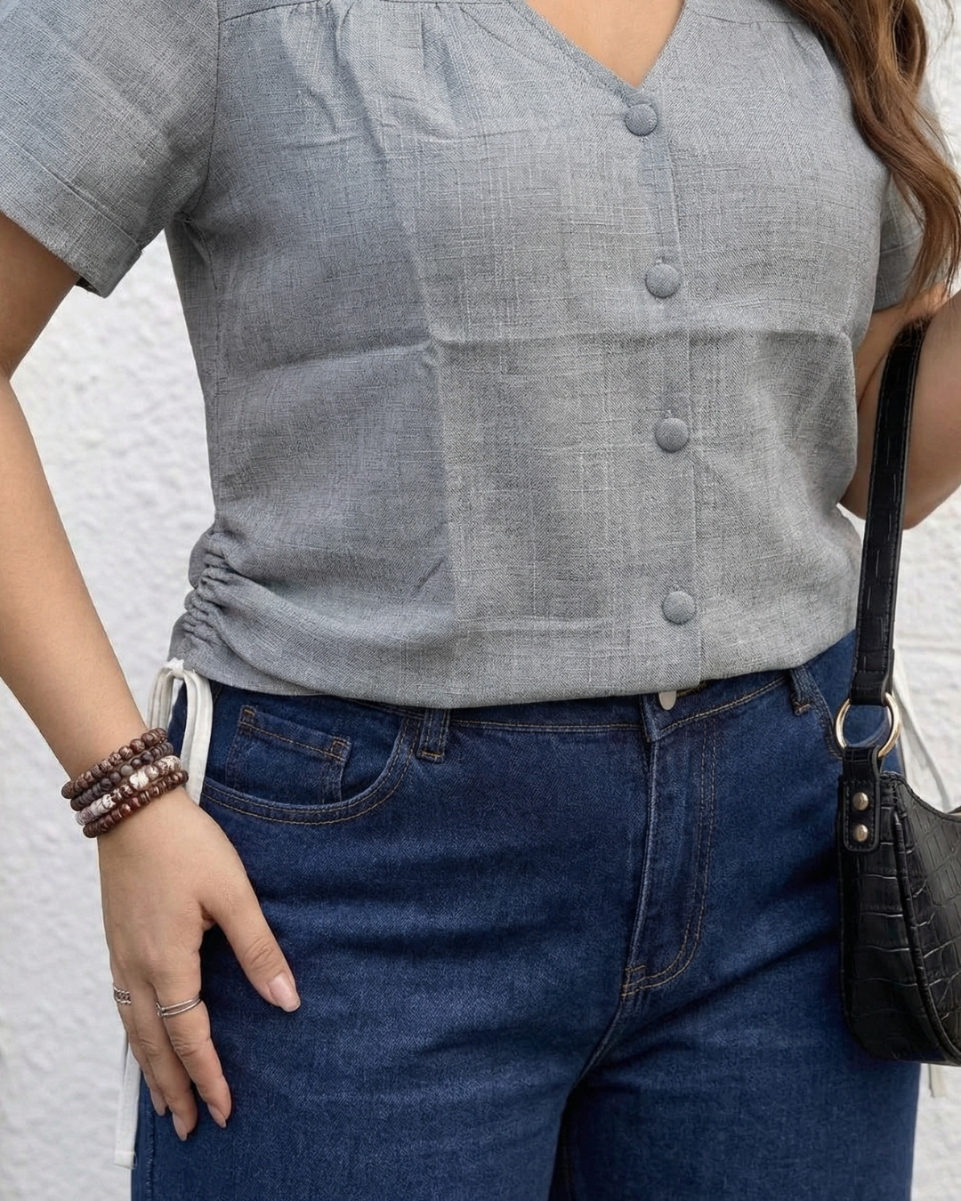 The Anya Side-Tie Top- Grey Textured V-Neck Top in Plus Sizes